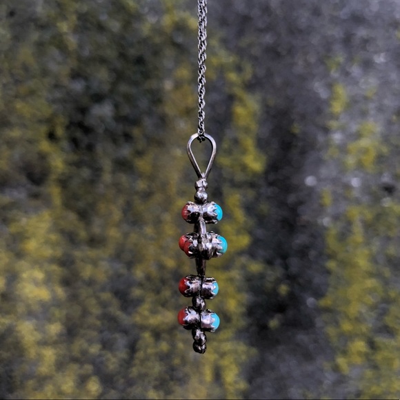 Vintage Red Coral / Turquoise Cross Necklace - Picture 7 of 8